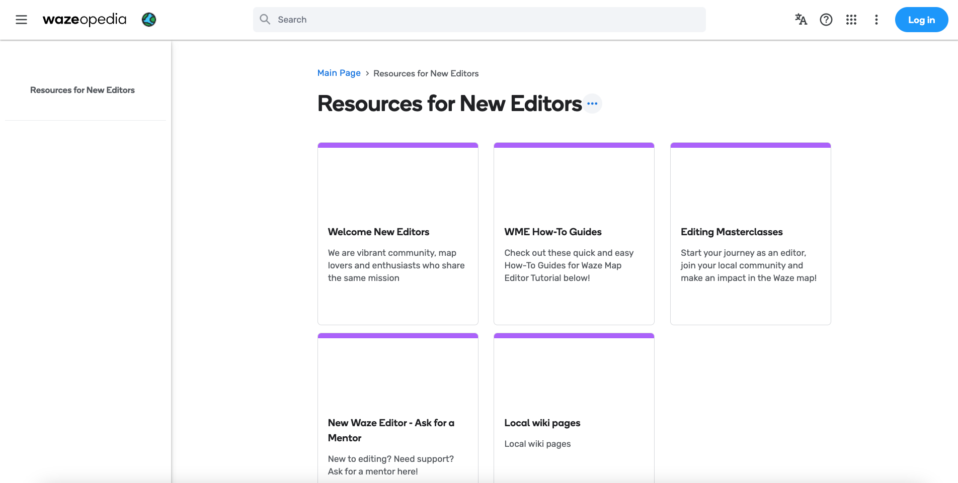 Screenshot from the Resources for New Editors page of Wazeopedia