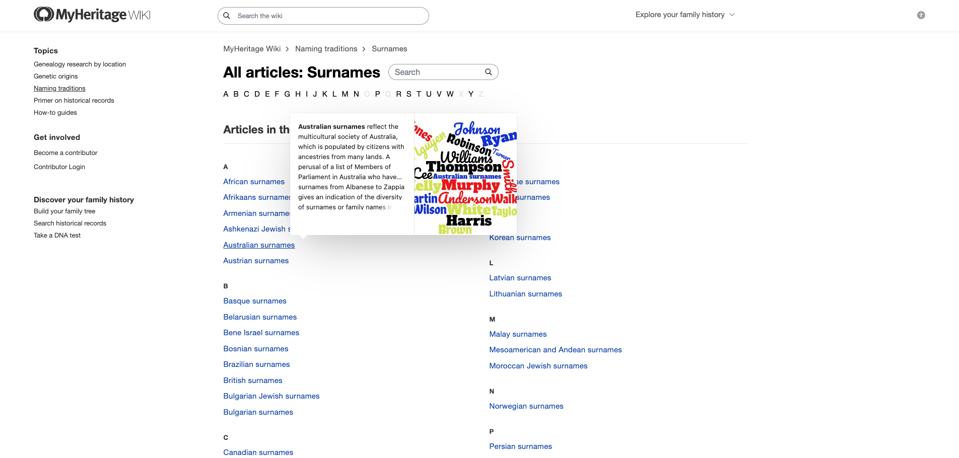 Screenshot from a sample category page from MyHeritage Wiki