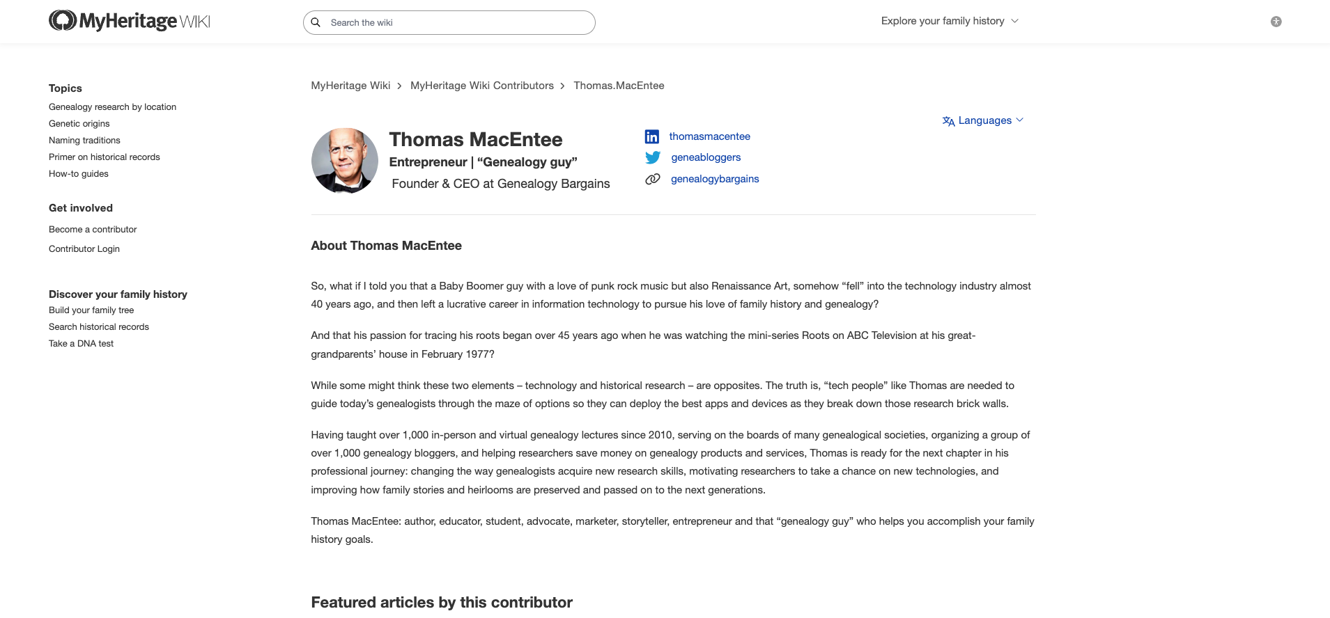 Screenshot of a sample contributor's profile page from MyHeritage Wiki